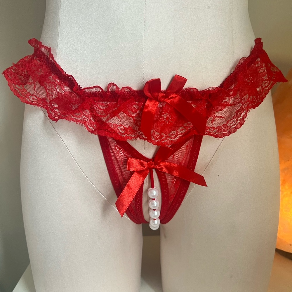 Red Lace Intimate Panty with Pearl Detail